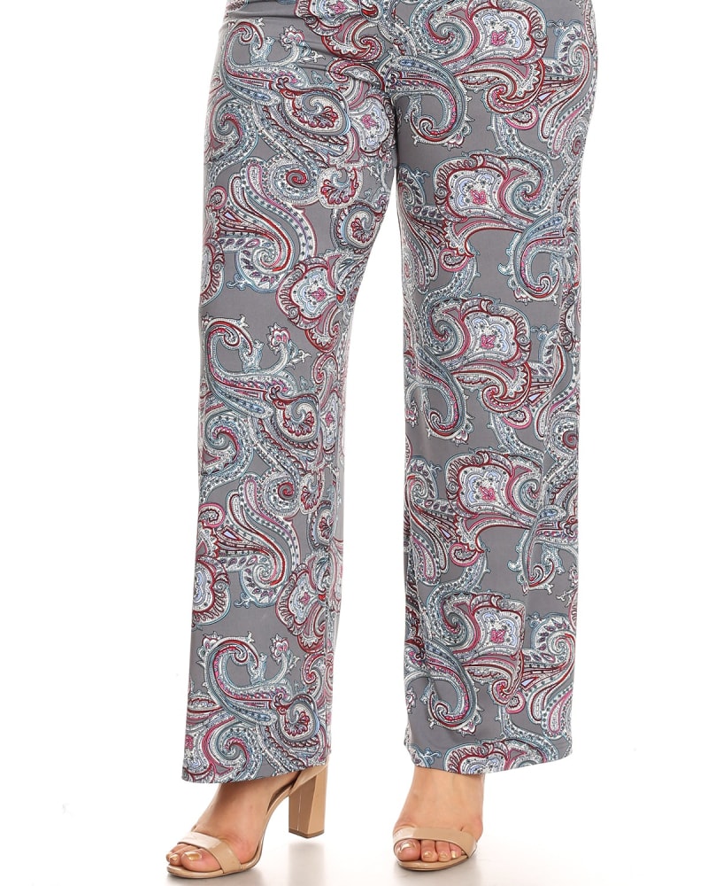 Front of a model wearing a size 3X Paisley Printed Palazzo Pants in Charcoal Paisley by White Mark. | dia_product_style_image_id:250236